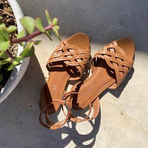 COACH Brown Leather Ankle Wrap Woven Flat Sandals